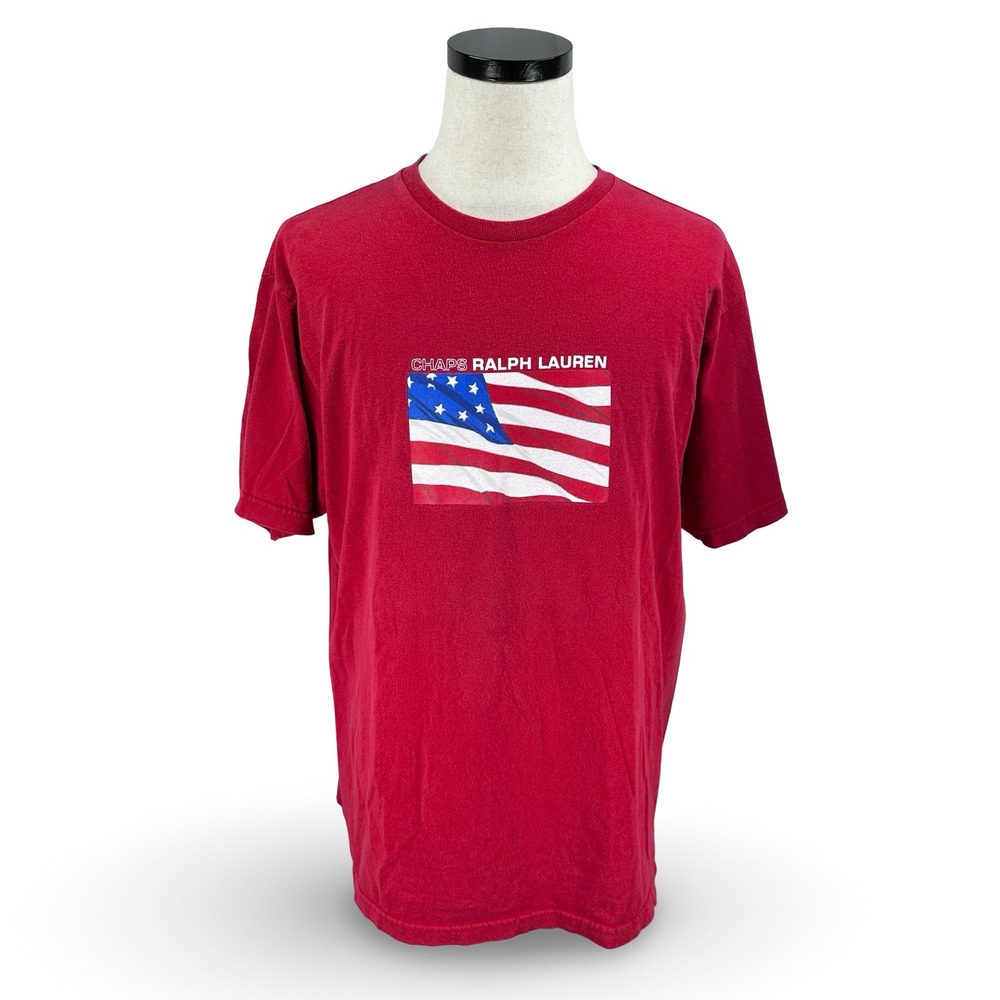 Vintage Y2K Chaps Ralph‎ Lauren Mens Red American USA Flag Graphic T-Shirt Large
